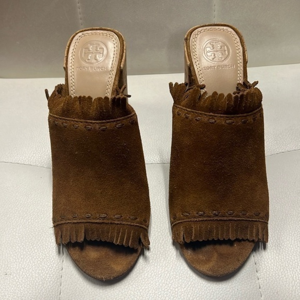 Tory Burch Huntington Sandals Womens 6 Brown Fringed Suede Cork Block Heel